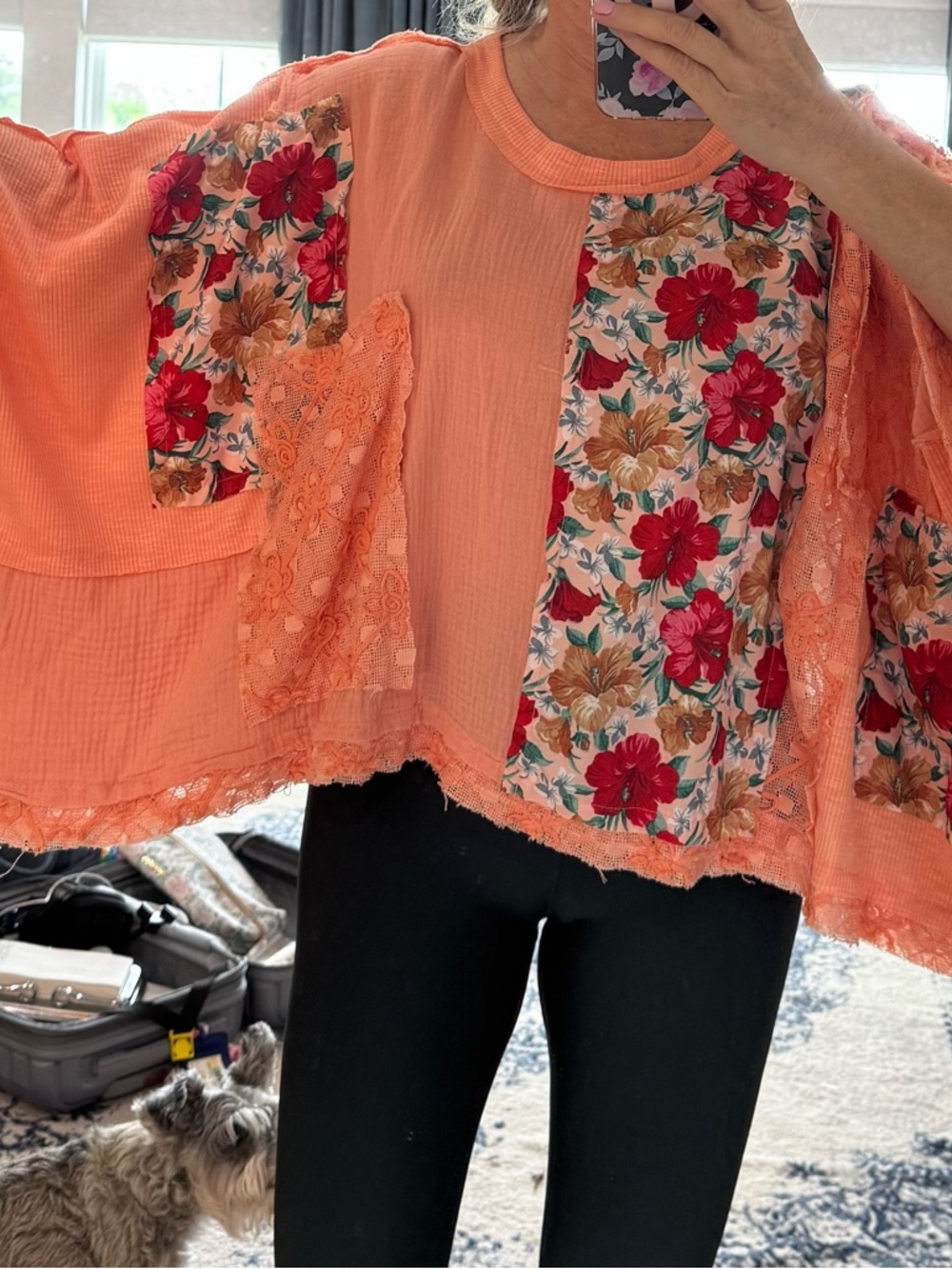 POL Coral Lace Mix-Print Short Sleeve Top